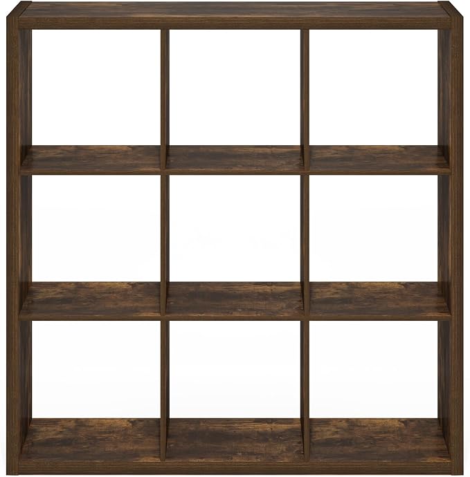 Furinno Cubicle 9-Cube Book Shelf, Extra Thick Frame Bookshelf, Amber Pine | 14.6" x 44" x 44", Reversible Bookcase with Open Back, for Living Room, Bedroom, Home Office