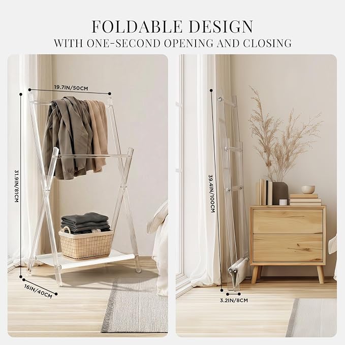 Acrylic Clothes Rack, Foldable Children's Clothing Rack,with Shelves Portable Coat Rack, Suitable for Entrance Hall, Bedroom, Living room, and Bathroom for Hanging Clothes of Babies and Pets.