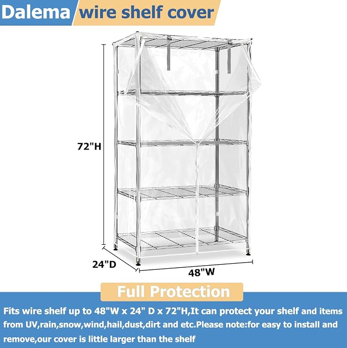 Waterproof Shelf Cover,Durable Dustproof Storage Wire Rack Covers,Outdoor Shelving Covers for Wire Shelves with Zipper 48''x24''x72'',Clear