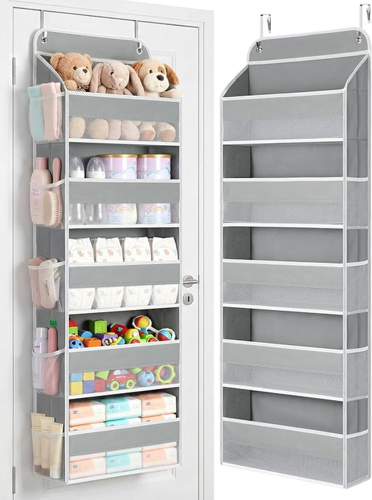 Yecaye Over the Door Organizer, Stuffed Animal Storage, Bathroom Organizers and Storage for Nursery Newborn Baby Essentials Stuff Dorm Room, Widen by 7cm, Deepen by 3cm, Grey 5 Tier Extra-Large