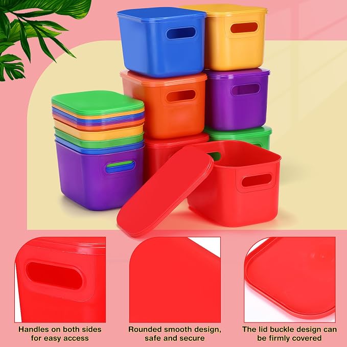 Thyle 18 Pack Colorful Plastic Storage Bins with Lids 7 Quart Vibrant Colored Toy Storage Box Stackable Nestable Organizer Box with Handle and Label for Classroom Shelf Bedroom Desktop School Supplies