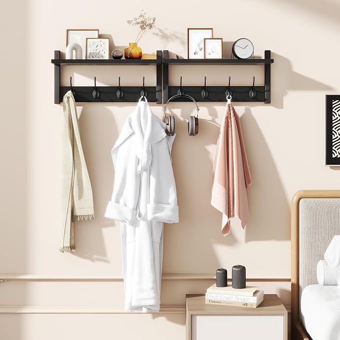 YMYNY Coat Rack Wall Mount with Shelf and Hooks, Black UHWS001B-2 | 2 Pack Wooden Wall Mounted Coat Hanger with Shelf and 8 Double Hooks, Wall Coat Rack for Entryway Hallway Bedroom Bathroom