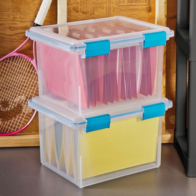 Sterilite 32 Qt Gasket Box, Stackable Storage Bin with Latching Lid and Tight Seal, Plastic Container to Organize Basement, Clear Base and Lid, 4-Pack | Heavy-Duty, Stackable, and Organizing Containers for Bathroom, Cabinet, Closet, and Garage, Clear a...