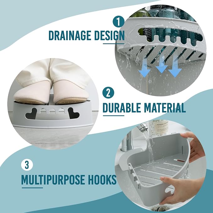 TAILI Corner Shower Caddy Organizer, Plastic Shower Caddy Suction Cup, Grey | 2 Pack Shower Caddies, No Drill Shampoo Holder, Removable Shower Basket, Wall Mounted Organizers