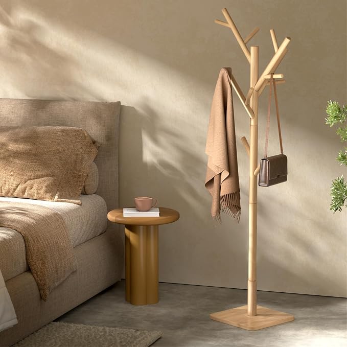 Solid Wood Coat Rack - Freestanding Coat Hat Rack Stand with 14 Hooks, Clothes Rack Heavy Duty Space Saving Entryway Coat Tree Hanger Rack for Coats Jackets Hats Bags, Adjustable Height (Natural)
