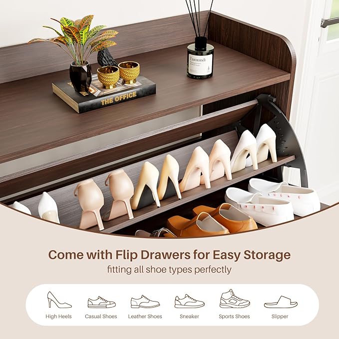 YZ HOME Shoe Storage Cabinet with 2 Flip Drawers | Entryway Shoe Cabinet, Metal Hooks & Adjustable Shelves, Freestanding Narrow Shoe Rack for Hallway Foyer, Brown
