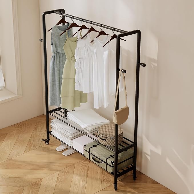 Black Rolling Garment Rack with Shelves and Hooks,Freestanding Metal Clothing Rack with Wheels,Modern Clothes Hanging Rack for Bedroom,Closet,Boutique Display