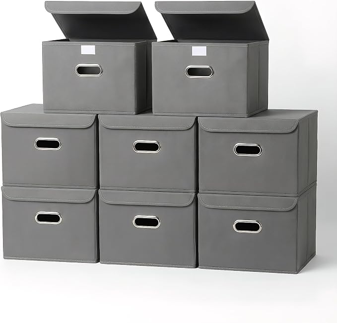 8-Pack Large Collapsible Storage Bins with Lids,Fabric Storage Cubes Organizer for Shelves,Closet,Nursery,Foldable Cube Storage Baskets with Handles,Home Boxes (14.9"x9.8",Grey)