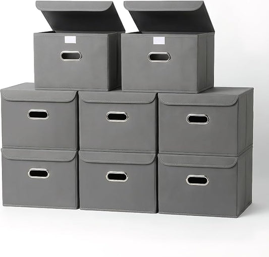 8-Pack Large Collapsible Storage Bins with Lids,Fabric Storage Cubes Organizer for Shelves,Closet,Nursery,Foldable Cube Storage Baskets with Handles,Home Boxes (14.9"x9.8",Grey)