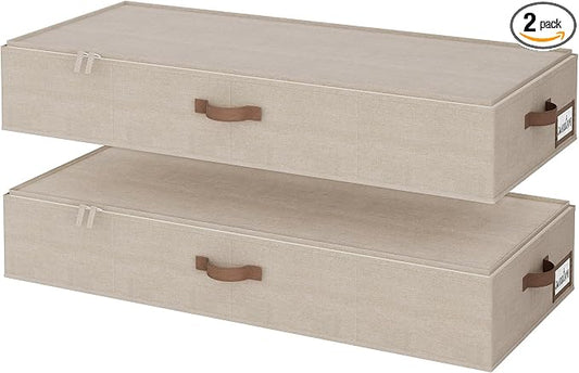StorageWorks Underbed Storage Containers with Lids, 2-Pack 6.75" Low Profile Under Bed Organizers for Clothes, Bedding and Sweaters, 73L Large Fabric Storage Bins, Foldable Space Saving, Taupe
