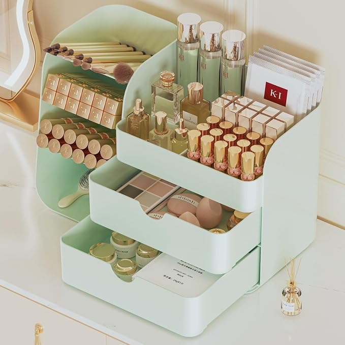 Makeup Organizer with Drawers, Large Capacity Countertop Organizer for Vanity, Bathroom and Bedroom Desk Cosmetics Organizer, Easy To Storage Skincare, Brushes, Eyeshadow, Lipstick (All Green)