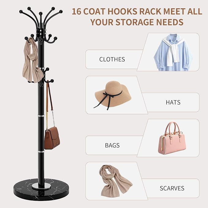 Coat Rack Stand 360°Rotary Coat Rack Freestanding with 16 Hooks | Modern Metal Coat Rack with Natural Marble Base,Coat Hanger Stand, Black Coat Hall Clothes Tree for Hallway,Entryway,Office