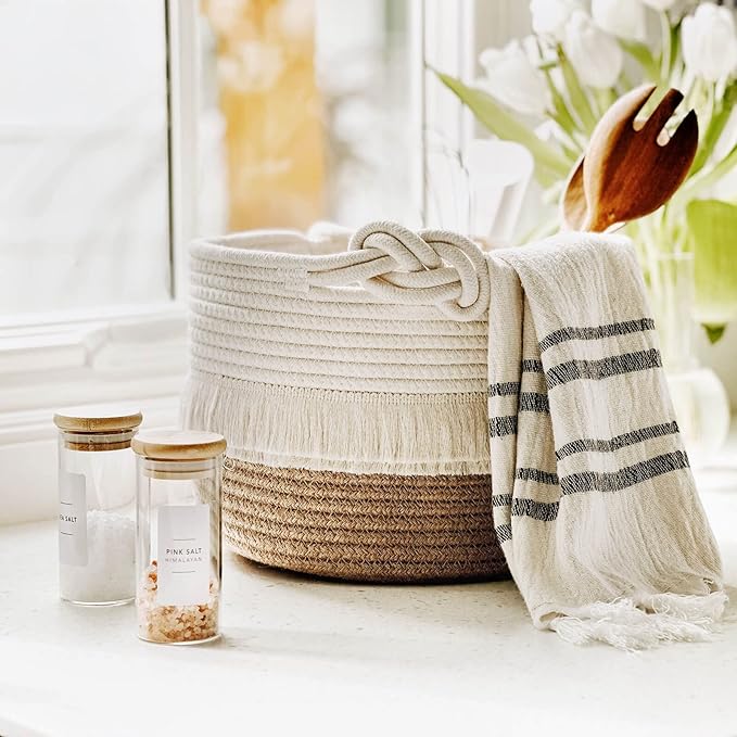 CherryNow Small Woven Rope Baby Basket with Tassel, 9.5" x 7", Jute | Cute Storage Basket for Baby Shower, Toys & Daily Essentials, Fits Nursery Living Room Decor, with Knotted Handles