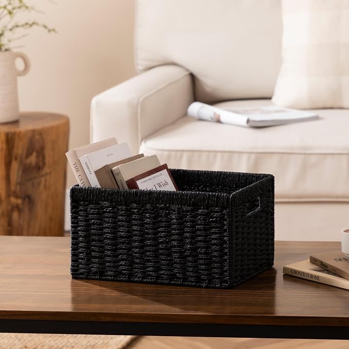 joybest Black Wicker Baskets for Shelves, Hand-woven Storage Baskets | 13.4L x 8.3W x 7.1H inch for Pantry, Kichen Organizing, Foldable Rectangular Bin with Handles, 2-pack