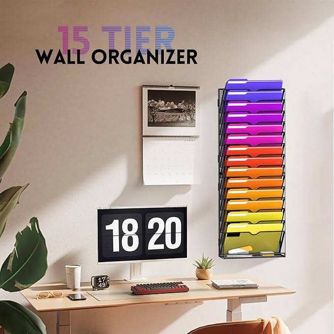 15-Tier Wall File Organizer and Hanging File Organizer with Base, Black | Wall Organizer and Wall File Holder with 15 Vertical Pockets and Bottom Tray for Files, Mail, Folders, Magazines and Paper
