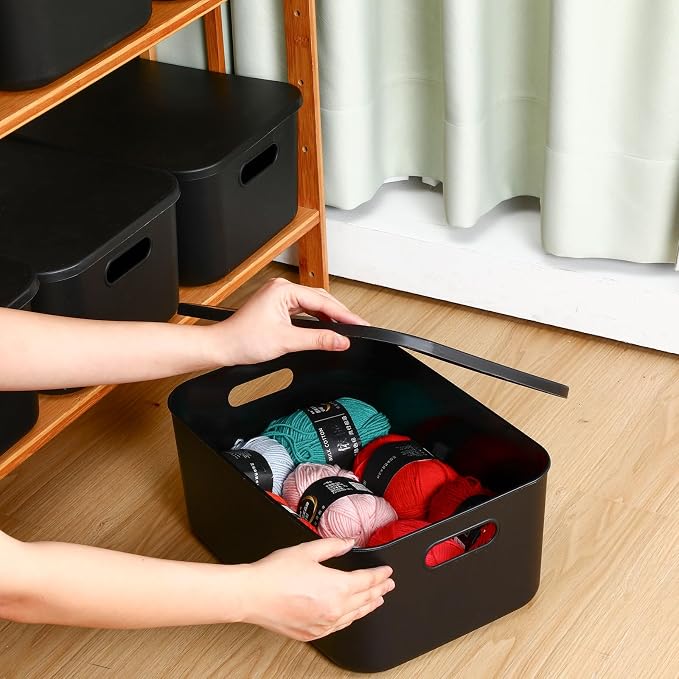 8 Pieces Colorful Storage Bins with Lid, Plastic Storage Basket Organizing Container Stackable Box with Handle for Shelves Desktop Playroom Office(13.8 x 9.8 x 5.9 Inch,Black)