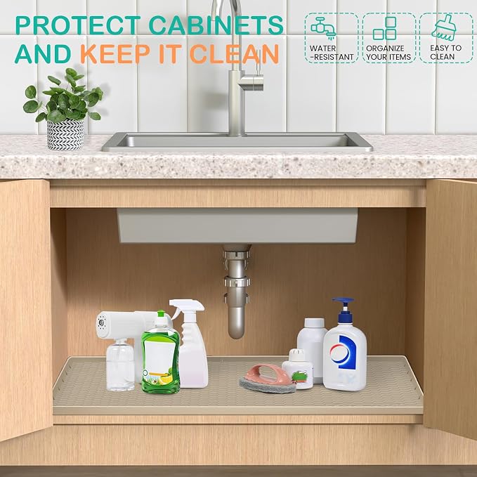 Silicone Under Sink Mat, 28"x22", Waterproof Cabinet Liner, Beige | Shelf Liner, Cabinet Protector, Home Organizer, for Kitchen, Bathroom, Multipurpose, Leak Proof, Easy Clean, Drip Tray, Clean