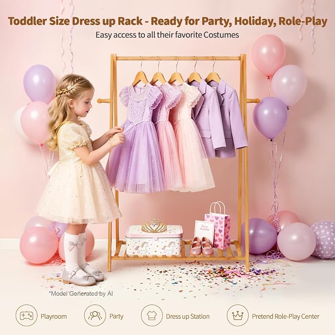 Kids Clothing Rack Small Baby Clothes Racks Bamboo Garment Rack 42"H | Wooden Short Mini Dress Up Costume Rack with Shelves for Hanging Clothes, Nursey Toddler Shower Children Clothes Hanger Rack