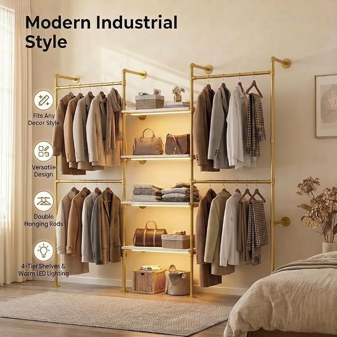 Industrial Pipe Clothing Rack with LED Lights& Shelves,Gold | Heavy Duty Adjustable Garment Hanger with Shelves, 2 Installation Methods Closet Storage System for Wardrobe Organization