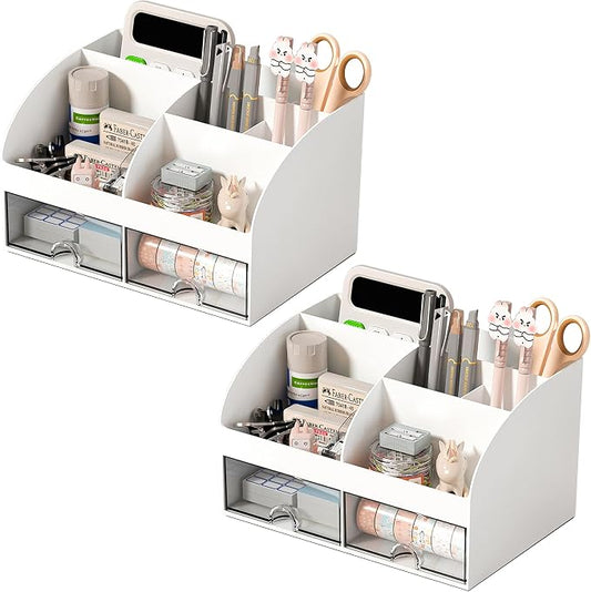 COMFYROOM Desk Organizer with 6 Compartments and 2 Drawers, Plastic Makeup Organizer, Pen Holder for Desktop Storage, Desk Organization for School, Home, Office Supplies (White-2Pack)