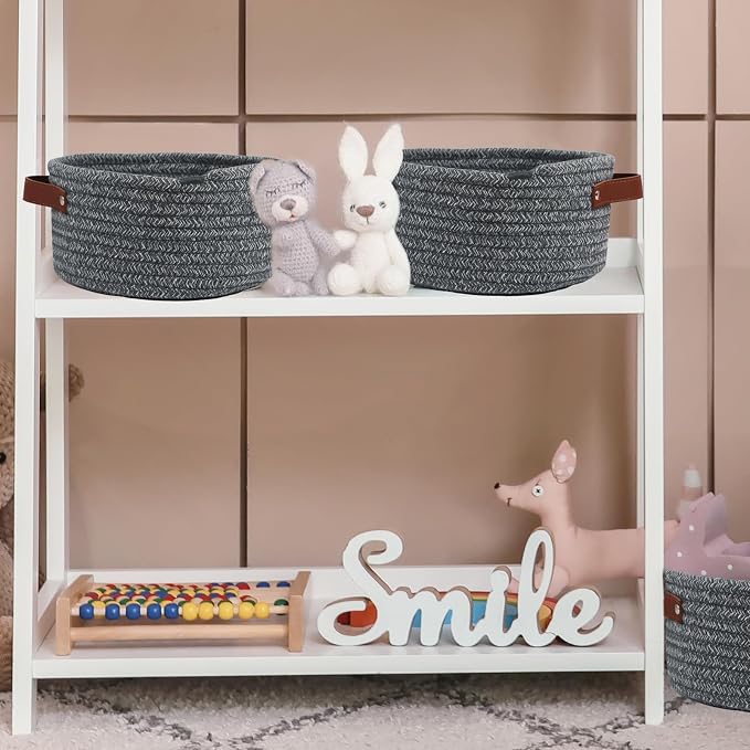 Small Woven Cotton Rope Basket with Leather Handle, Grey | Mini Round Storage Basket, Empty Gift Basket, Nursery Toy Organizer, Decorative Shelf Bin, Boho Room Decor