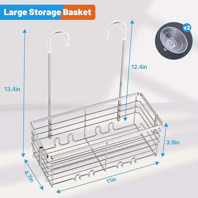 YUOROS 304 Stainless Steel Shower Caddy Hanging (Silver) | Over the Door Shower Organizer Rack Rustproof Bathroom Storage Shampoo Holder Basket