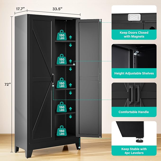SISESOL Wide & Deep Pantry Storage Cabinets with 2 Doors and 5 Shelves,Tall Storage Cabinet,Large Cupboard Closet,Farmhouse Storage Cabinet for Home,Kitchen,Dining/Living Room (Black, 72" H)