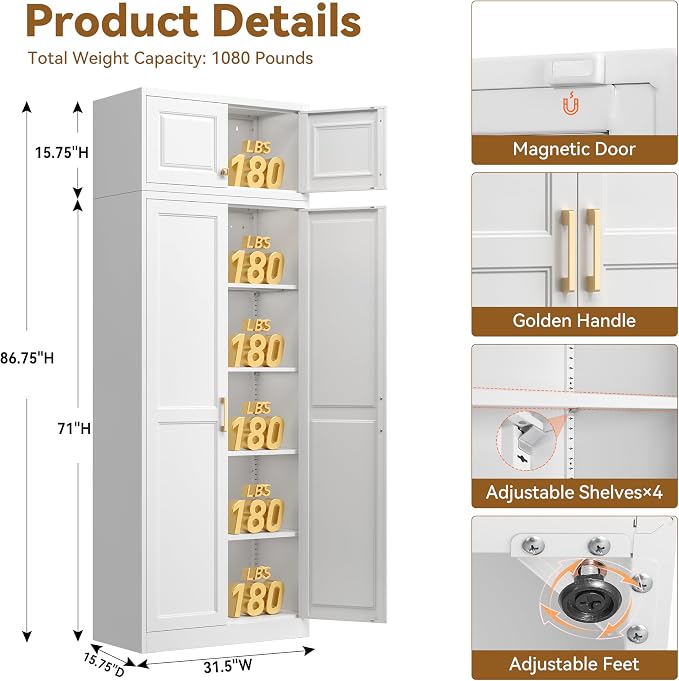 Polup 86" Tall Metal Kitchen Pantry Storage Cabinet with Doors and Shelves | Heavy-Duty White Cabinet, 4 Adjustable Shelving, Gold Handles, Magnetic Latch, for Dining Living Room, Bathroom & Garage