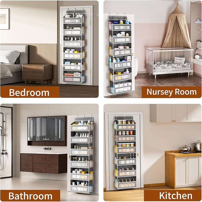 AQOOA 6-Tier Over The Door Organizer 44 lbs Capacity fit Standard Doors | Over the Door Storage 6 Large 12 Side Pockets Behind Door Storage, Closet Door Organizer Hanging Shelf, Grey