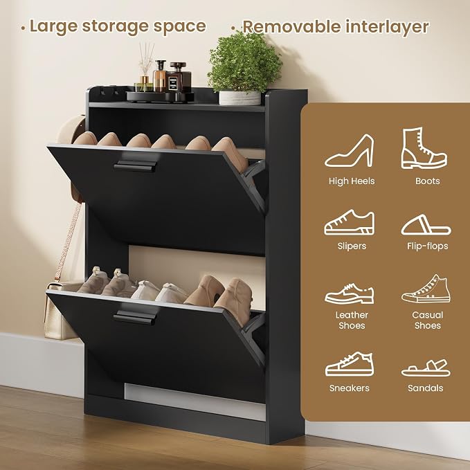 Shoe Cabinet Organizer with 2 Flip Drawers,Narrow Shoe Rack 23.6" W White | Freestanding shoe storage cabinet for entryway,foyer and hallway,slim design and space-saving flip drawers