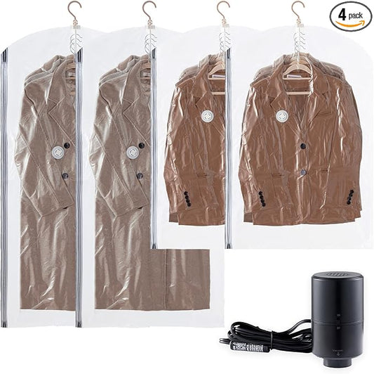 TAILI Hanging Vacuum Sealer Storage Space Saver Bags with Electric Air Pump for Clothing Travel, for Coats, Closet Organizers, 2 Long 2 Short Clear