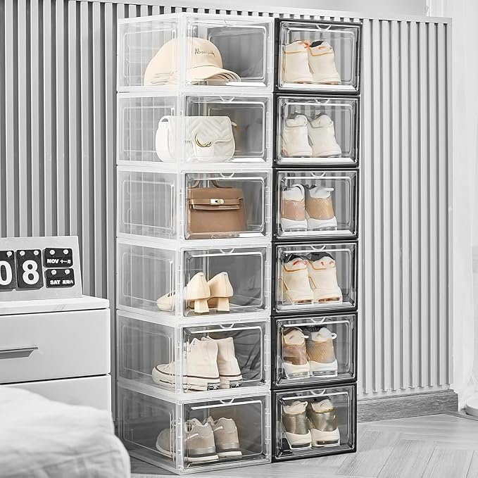 Attelite 12Pack Shoe Boxes Storage Stackable Clear Shoe Organizer X-Large | Clear Shoe Box for Sneakers Boots & Heels, Thicken & Sturdy Plastic,Magnetic Door,Tool-free Assembly,Fit up to Men's Size 12