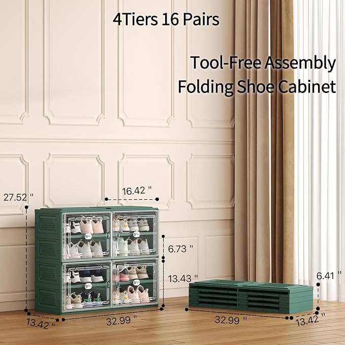 Foldable Shoe Cabinet with Magnetic Clear Doors, Wide Design Shoe Rack for Entryway, Portable Shoe Organizer Meeting Diverse Storage Needs (Green, 2Row 4Tier)