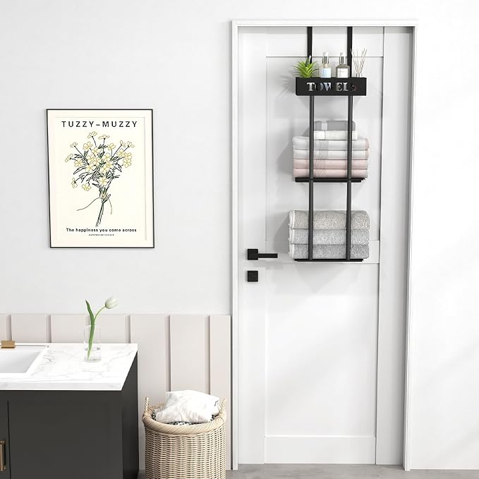 Bethom 3 Tier Over The Door Towel Rack, Hanging Towel Rack, Matte Black | Bathroom Towel Holder with Shelf, Over Door & Wall Mount Design, Ideal for Small Bathrooms, Sturdy Rust-proof Stainless Steel