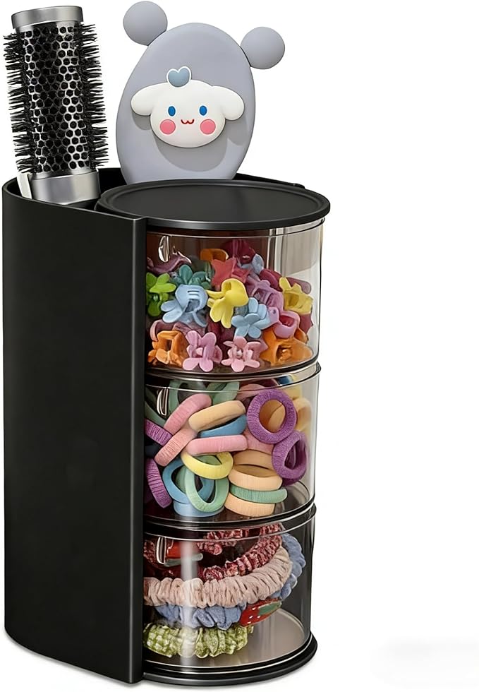 Azurphoric Hair Accessories Organizer with Hair Brush Holder(Black,3-Layer) | Rotatable Makeup Brush Holder for Necklaces, Earring, Bracelet, Ring, Makeup Brushes, Hair Clip and Hair Accessories