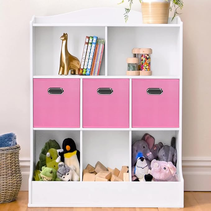 Black Fabric Cubby Storage Bins,13x13x13 Inches ,Cube Organizer Bin Foldable Storage Boxes with Dual Handles Fabric Organizer Box and collapsible Storage basket,Set of 3 ,Pink