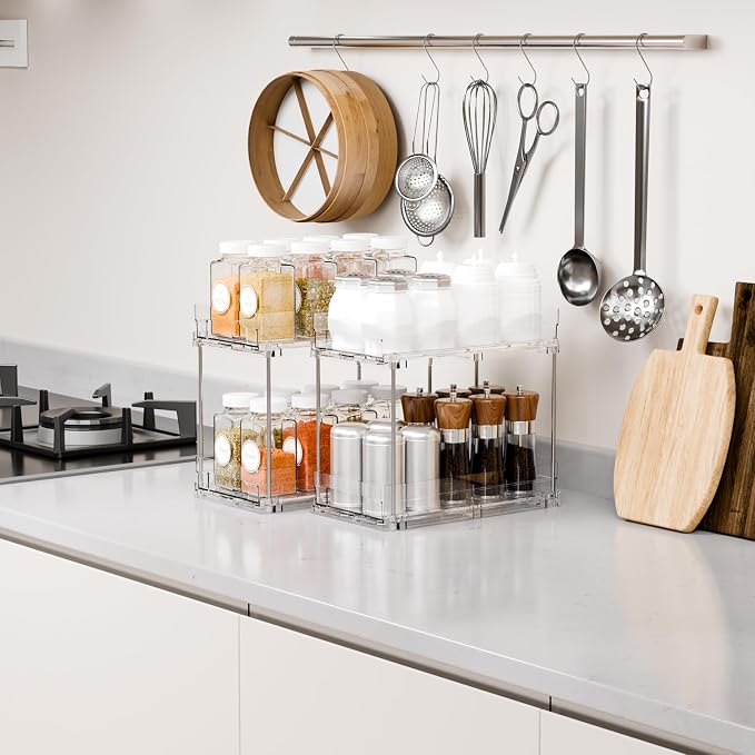 4 Pack 2 Tier Vertical Spice Rack Pull Out,10.4'' Deep Narrow Slide Out Spice Rack Organizer for Inside Cabinets,Kitchen,Pantry,Cupboard Seasoning,Can,Jar Organizer and Medicine Cabinet Storage