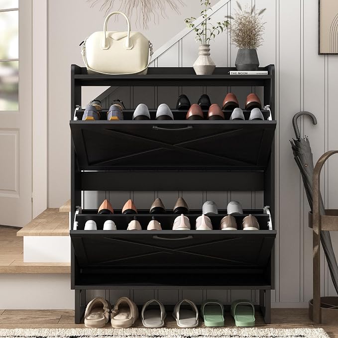 Maupvit Shoe Storage Cabinet with 2 Flip Drawers, Freestanding Organizer with Metal Legs for Entryway, Narrow Shoe Rack Cabinet, Black