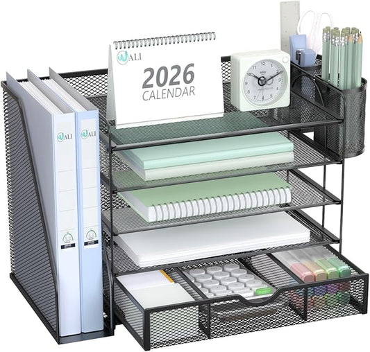 WALI Desk File Organizer, 5 Tier Desktop Paper Letter Tray Organizer with Drawer and 2 Pen Holders, Office Desk Accessories & Workspace Organizers for Office, Home Supplies(DO006DH-B), 1 Pack, Black
