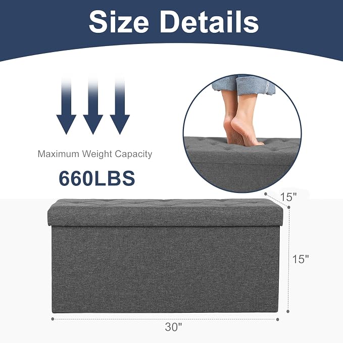 DUMOS 30 Inch Foldable Storage Ottoman Bench, Gray Ottoman with Storage | End of Bed Foot Stool with Foam Padded Seat, Linen Fabric Hidden Storage Chest for Bedroom, Living Room, Loads 660 LBS