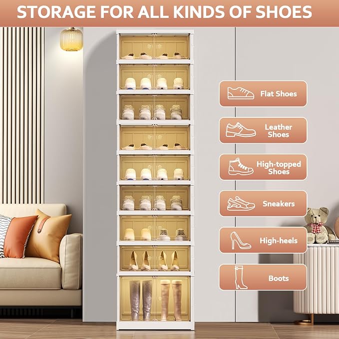 SYNCVIBE Shoe Rack Organizer for Closet Entryway 9 Tiers-18 Pairs Foldable Sneaker Storage Shoe, Collapsible Shoe Cabinet with Doors, Stackable Shoe Storage Cabinet with Lids for Living Room