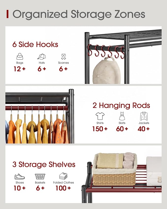 Sakugi Clothes Rack - 33.0" x 12.2" x 79.5" Clothing Rack with Shelves & Wheels, Multi-Functional Wardrobe Closet with Hooks, Sturdy Metal Garment Rack for Bedroom, Laundry, Balcony (Black)