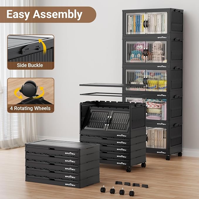 BROVIEW 300 Qt Stackable Storage Bins with Lid, Plastic Closet Organizers and Storage Drawer, Collapsible Storage Box with Wheels, Folding Storage Cabinet for Closet Clothes Organization, 5Pack Black