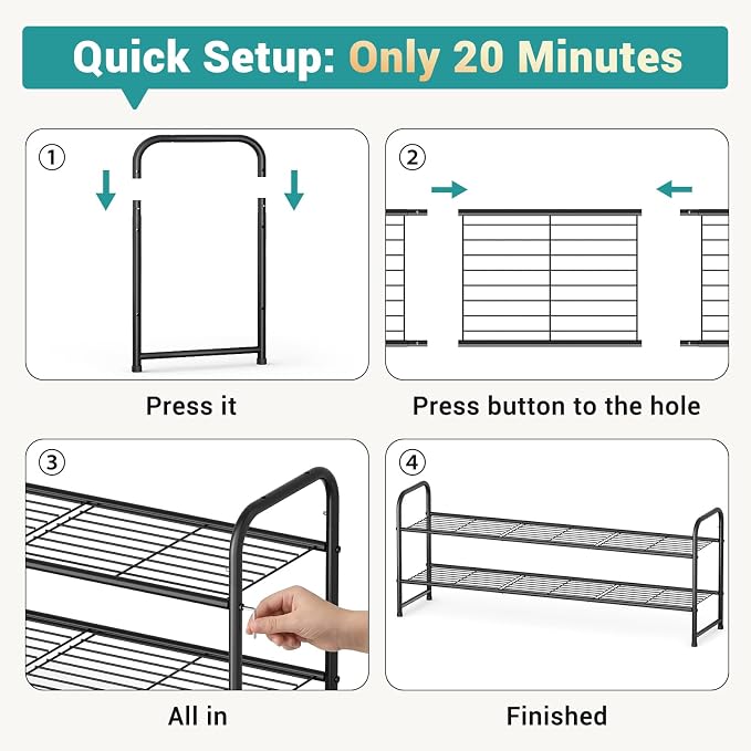 AOODA Long 2 Tier Shoe Rack for Closet Metal Wide Stackable Shoe Storage Organizer for Entryway, Bedroom, Floor, 18-Pairs Low Shoe Shelf, Black