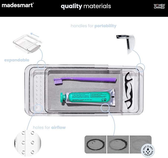madesmart Drying Stone Expandable Toothbrush Organizer, Clear | diatomite, fast drying surface, divided layout, expandable, toothpaste floss, dental items, bathroom counter, woman owned