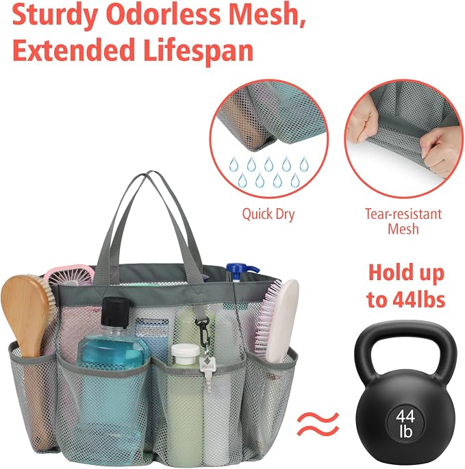 Mesh Shower Caddy Portable - 8 Pockets, S-Hook, Shower Bag for Dorm Camping | 2-Handle, Quick-Dry, Hanging Toiletry Organizer, College Dorm Room Essentials for Girls, Gym, Travel & Bathroom, Grey