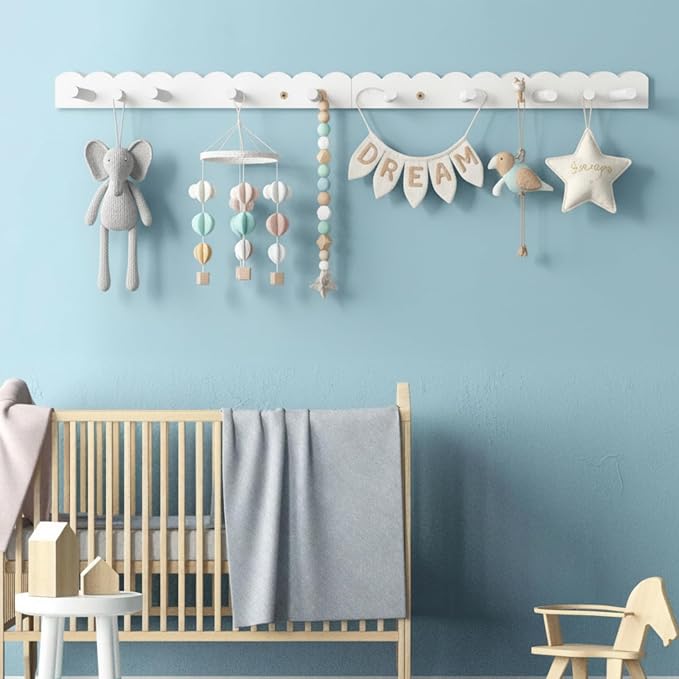Leinuosen 1 Pack Scalloped Coat Rack Wall Mount Cute Nursery Wall Hook 31.5 Inch 8 Hooks Wood Backpack Hanger for Toddler Kids Clothes Hat Towel Keys Bathroom Classroom Playroom Nursery Decor