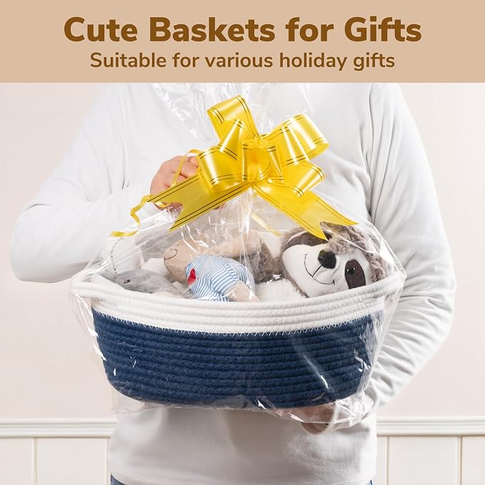 Goodpick Small Woven Rope Gift Basket Empty, 12"x 8"x 5", Navy Blue | Baby Boy Basket for Baby Showers Toys, Fit Nursery Living Room Decor, Basket for Organizing with Durable Handles