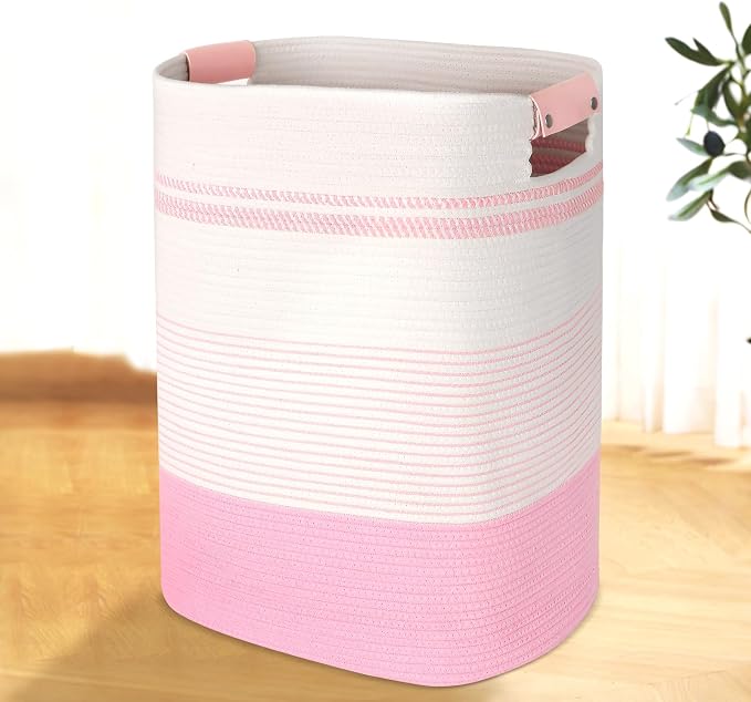 AINUOQI Laundry Basket with Handles - Blanket Basket & Hampers for Bedroom Aesthetic, Laundry Hamper & Blanket Storage for Living Room, Clothes Hamper, Tall, Large 17" x 14" x 22”, Pink & White