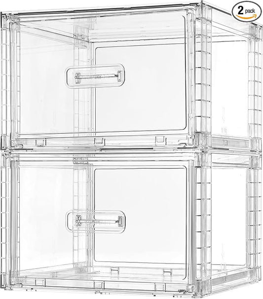 Vtopmart 2 Pack Clear Stackable Storage Drawers 15QT | Easily Assemble Closet Organizers,Plastic Storage Bins for Bathroom,Cabinet,Kitchen Pantry,Under Sink Organization(Medium)